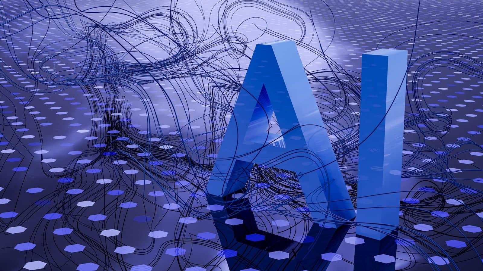 The letters AI rendered in 3D over a digital grid background